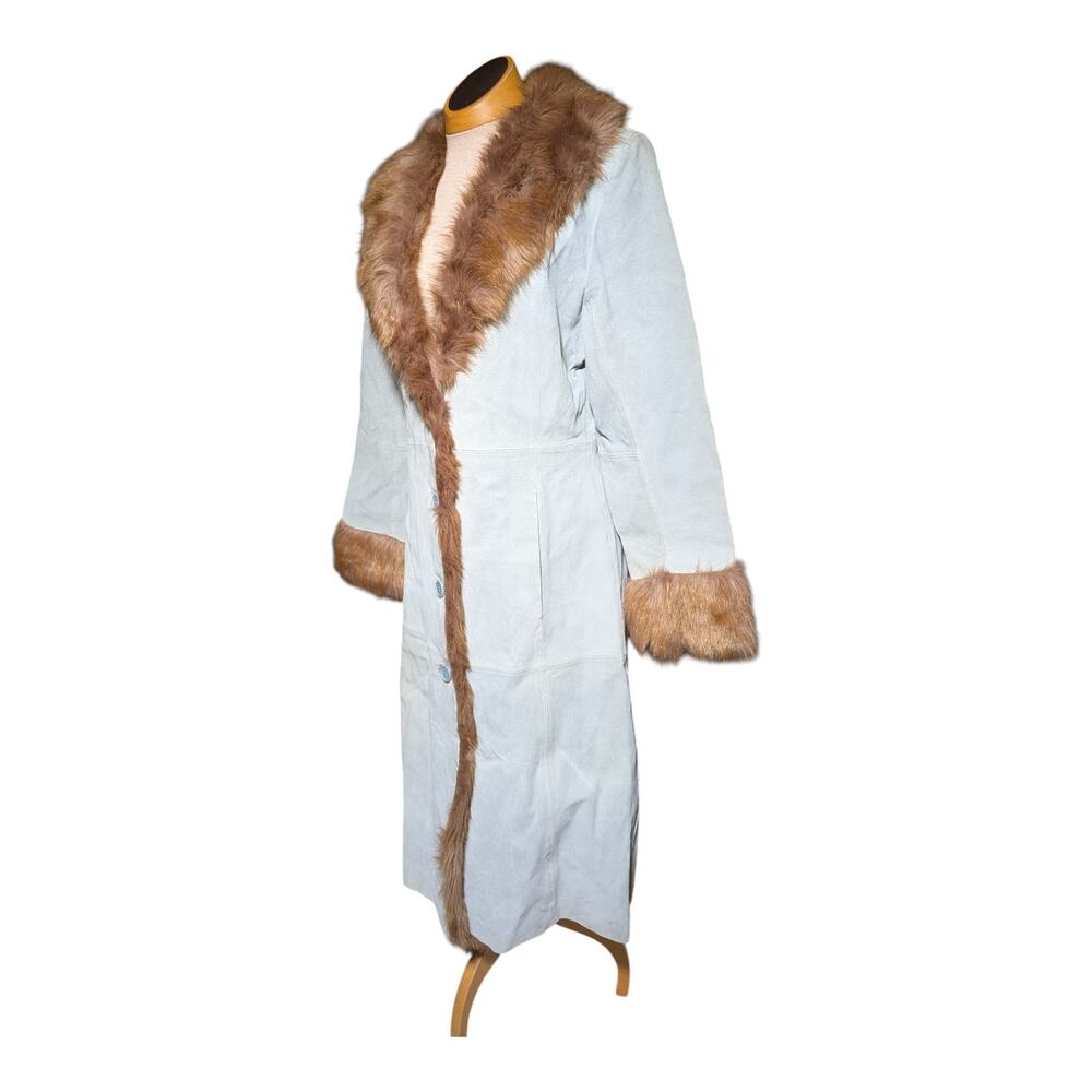 Vtg Y2K Wilsons Leather Pale Blue Suede Faux Fur Trim Penny Lane Duster Coat S